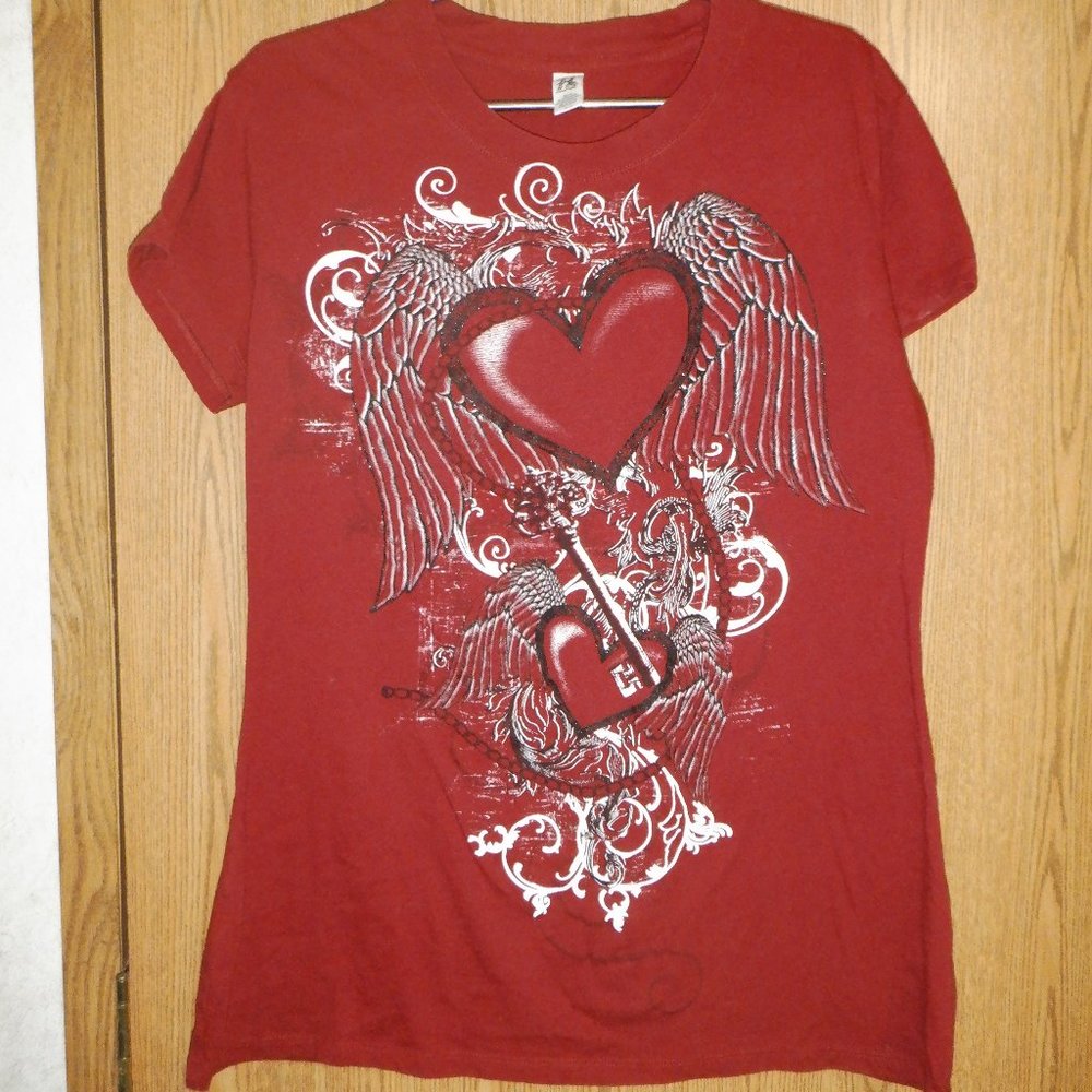 Hybrid Red Ladies Shirt Black Glitter Hearts Angel Wings Chains Key Size 1X
